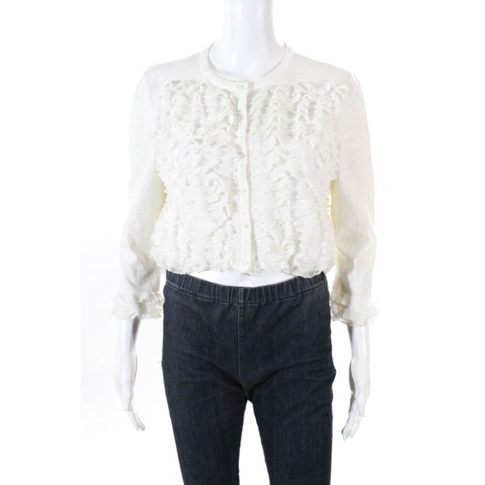 ALAIA Womens Button Up Glitter Ruffled Knit Cardigan Sweater Top White Size L LL